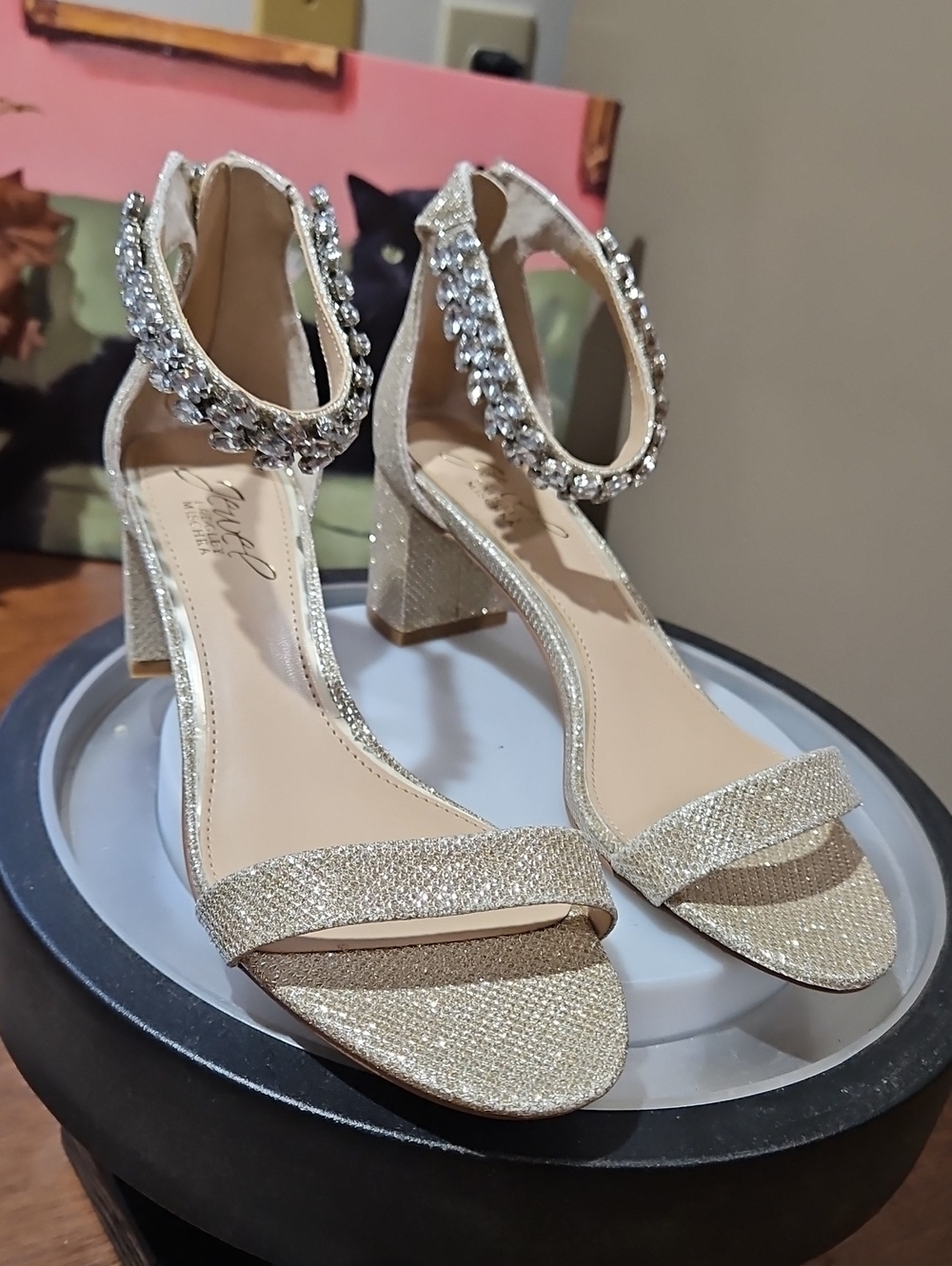 Jewel Badgley Mischka Gold Crystal-Ankle Block Heel Sandals